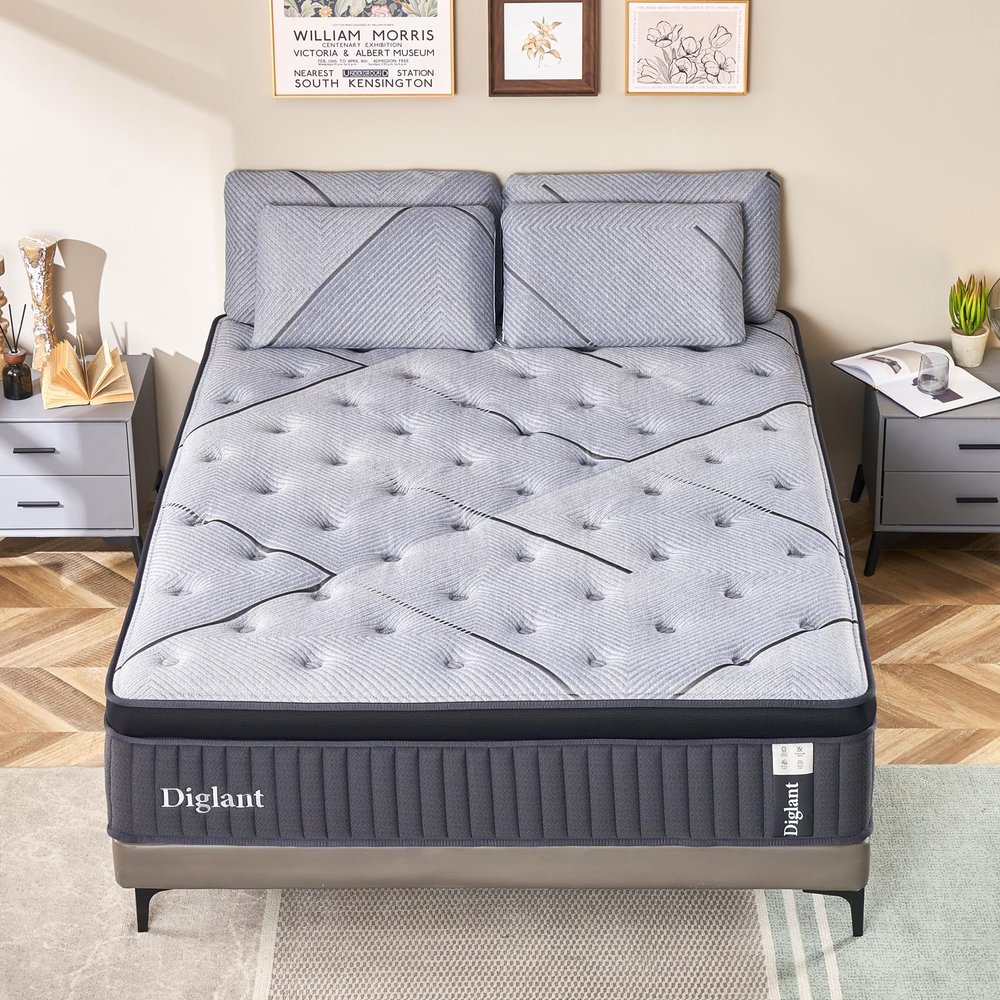 DIGLANT 14Inch Gel Memory Foam & 7-Zone Pocket Spring Queen Size Mattress, Medium Hybrid Mattress in Box for Motion Isolation, Pressure Relief,CertiPUR-US, 60 * 80