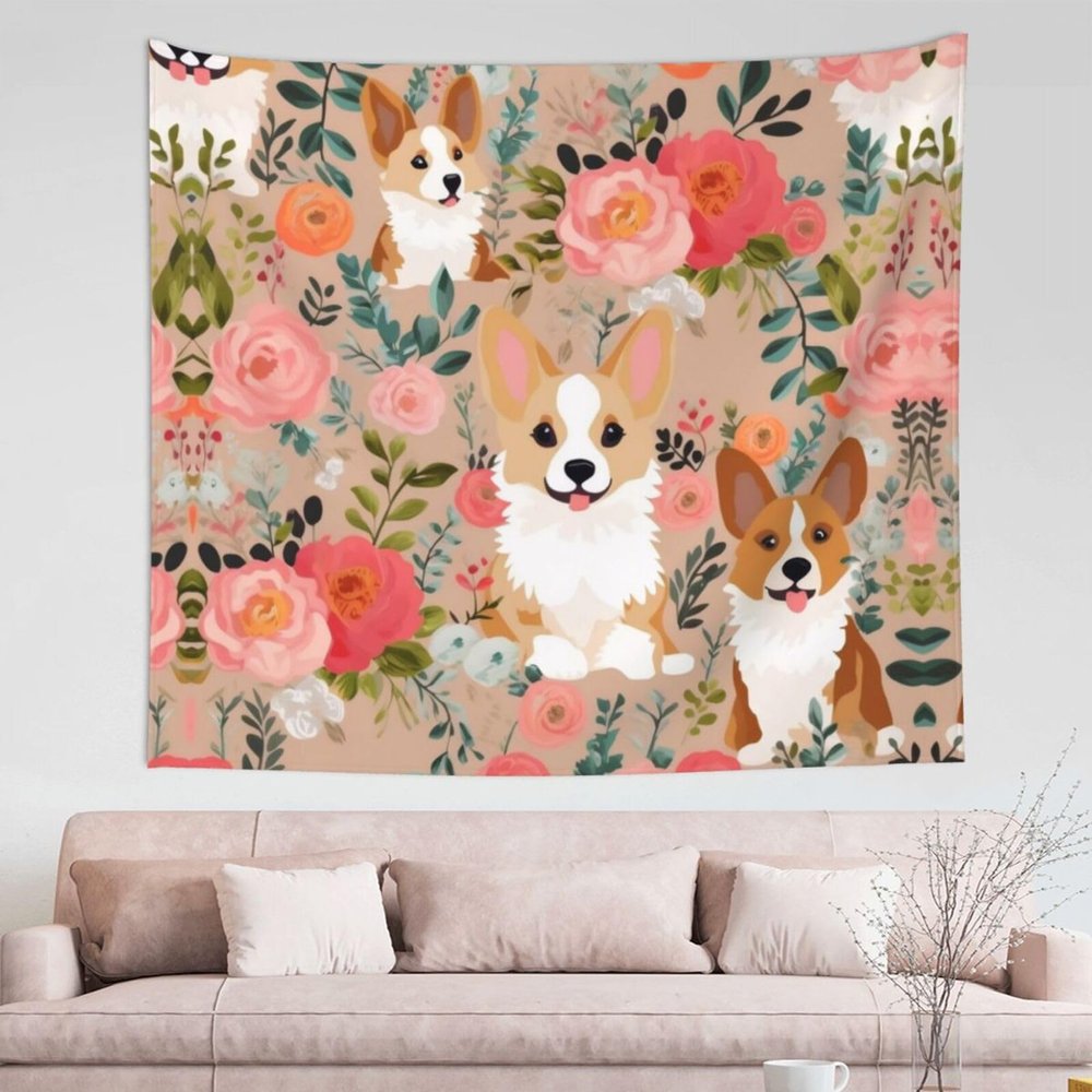 MELPHI Corgi Floral Flowers Printed Wall Decoration Tapestry, Used For Home Decoration