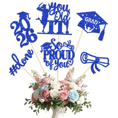 12 Pack 2026 Graduation Centerpiece Sticks Assembled Glitter Class of 2026 So Proud of You Cake Toppers Diploma Grad Cap Table Centerpiece Sticks for 2026 Graduation Theme Party Supplies Blue