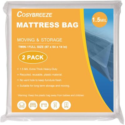 1.5 Mil Mattress Bags for Moving 2 Pack Mattress Cover Twin or Full Size Mattress Storage Bag - Plastic Wrap Moving Mattress Protector for Storage