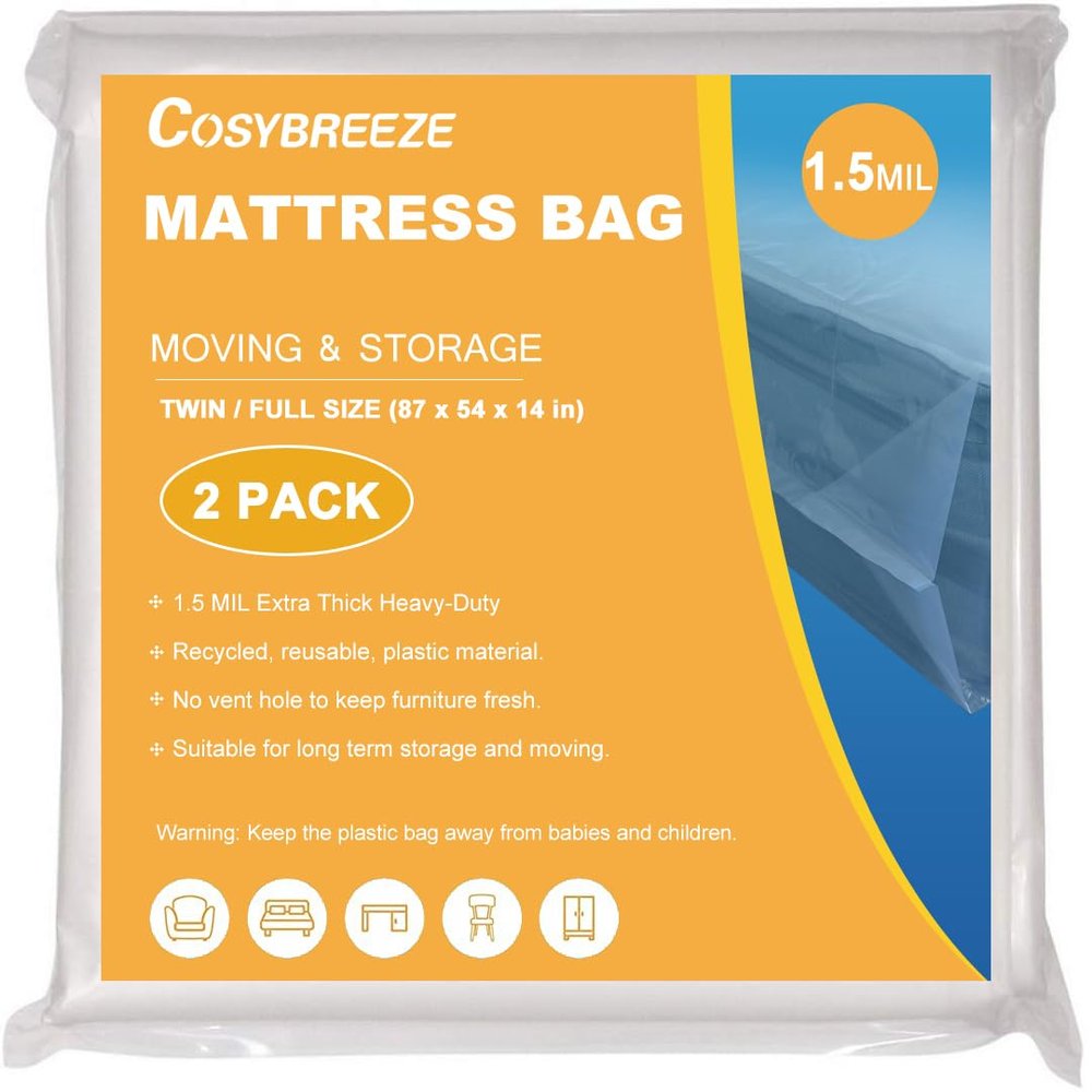 1.5 Mil Mattress Bags for Moving 2 Pack Mattress Cover Twin or Full Size Mattress Storage Bag - Plastic Wrap Moving Mattress Protector for Storage
