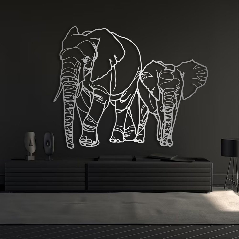 Elephant Wall Decor, Elephant Wall Art, Elephant Metal Wall Art, Mama and Baby Elephants Metal Wall Decor, Geometric Metal Elephant, Animal Wall Art, Metal Wall Art, Wildlife Lover Gift (24"x19" | 60x47.5 cm, Silver)