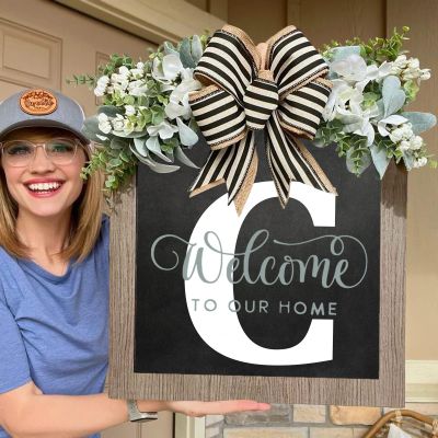 2024 Personalized 26 Letter Last Name Welcome Sign with Eucalyptus Garland and Bow, 16'' x 14" New Last Name Year Round Front Door Wreath, Spring Wreath for Front Door Decor, Farmhouse Home Gifts (C)