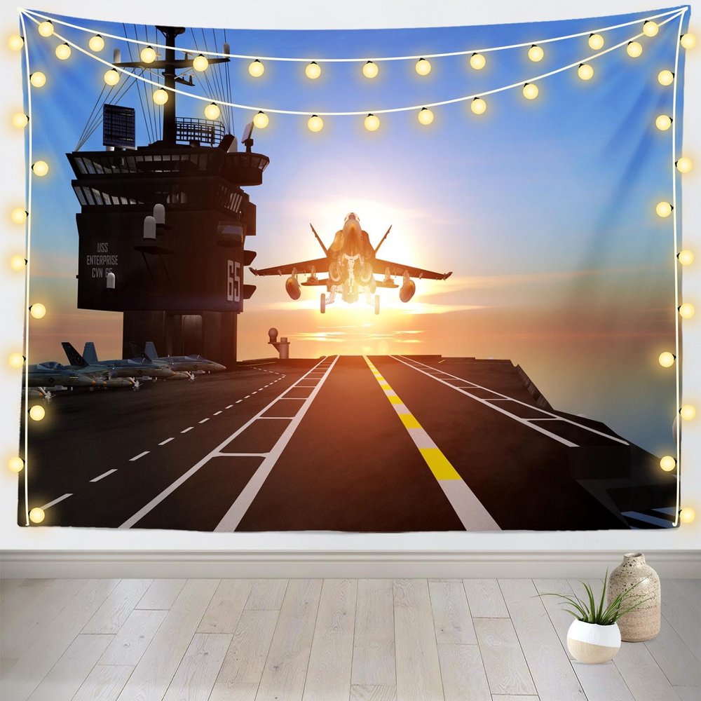 Loccor Aircraft Carrier Tapestry 118''x98'' Military Fighter Jet Air Force Party Wall Tapestry for Air Force Birthday Party Decorations Kids Boys Bedroom Living Room Decor