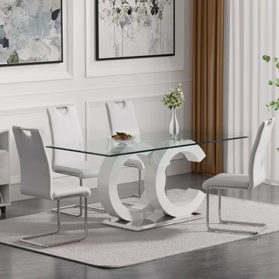 Glass Dining Table Set for 4, 63" Large Dining Table Chairs Set, Modern 0.39" Thick Glass Dining Room Table with OC-Shaped Base&4pcs White Faux Leather Dining Chairs for Dining Living Kitchen