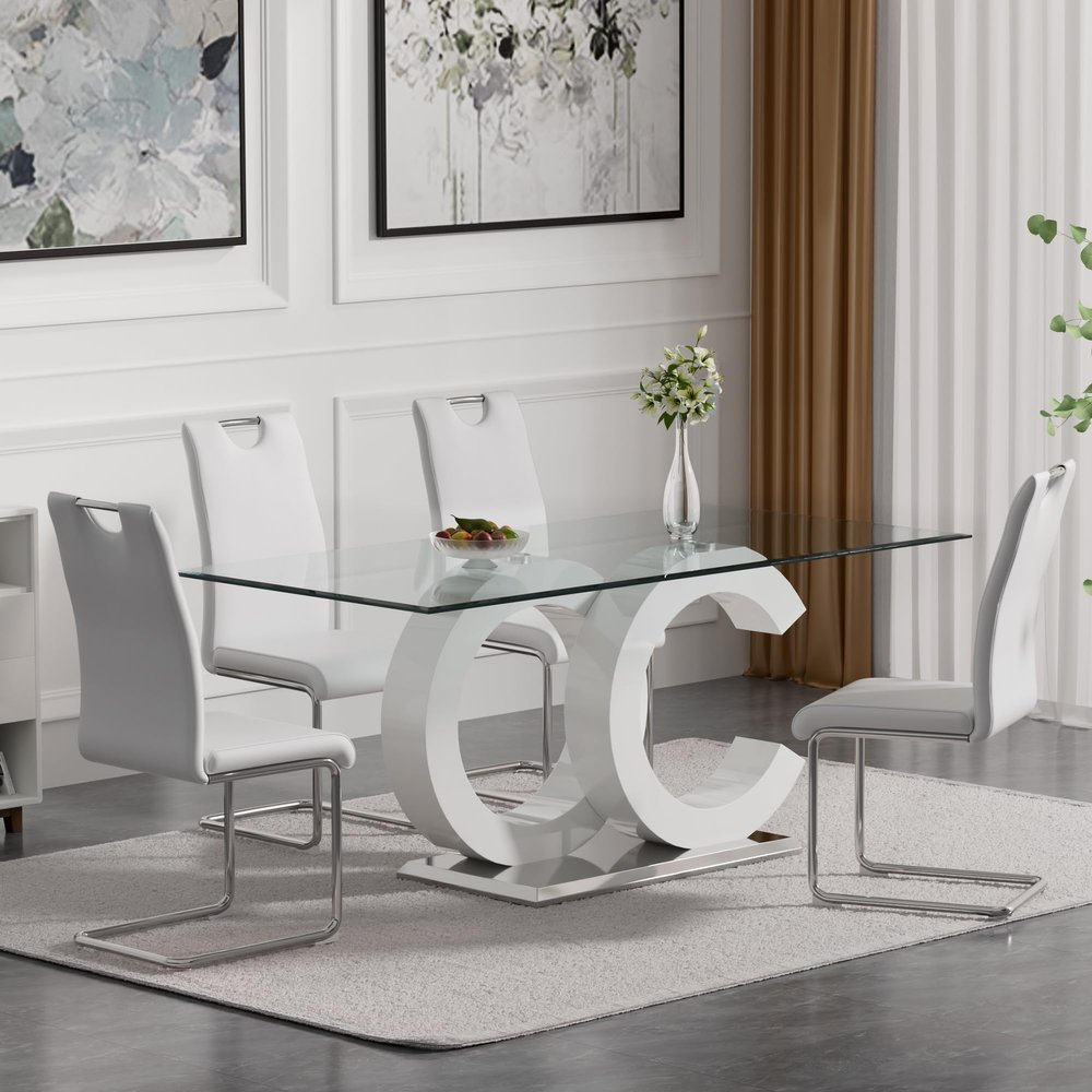 Glass Dining Table Set for 4, 63" Large Dining Table Chairs Set, Modern 0.39" Thick Glass Dining Room Table with OC-Shaped Base&4pcs White Faux Leather Dining Chairs for Dining Living Kitchen