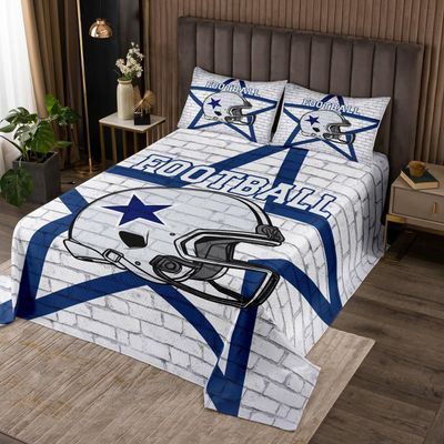 American Football Boys Bedspread Twin Size,Texas Star Cowboy Football Sports Coverlet Set,Boys Men Room Decor,Rugby Helmet Brick Wall Retro Quilted Coverlet,Blue White Bedding Quilt,1 Pillowcase