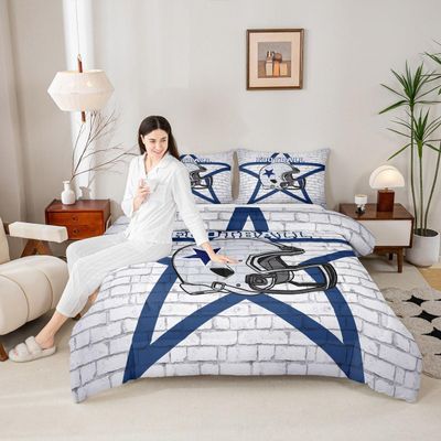 American Football Boys Comforter Set King Size,Texas Star Cowboy Football Sports Bedding Set,Boys Men Room Decor,Rugby Helmet Brick Wall Retro Down Comforter,Blue White Duvet Insert,2 Pillowcases