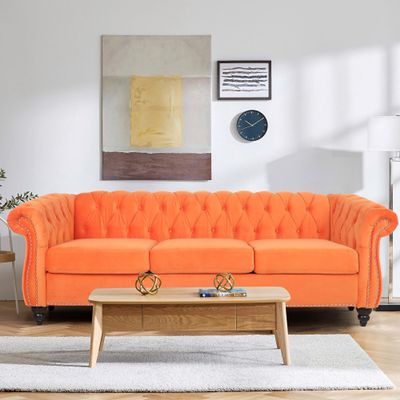 affeivul Tufted Velvet Sofa, Comfy Big Wide Deep Living Room Couch with Armrest, Mid Century Modern Sofa Couch for Bedroom, Office (Orange Velvet, 3 Seater, 32"D x 84"W x 33"H)