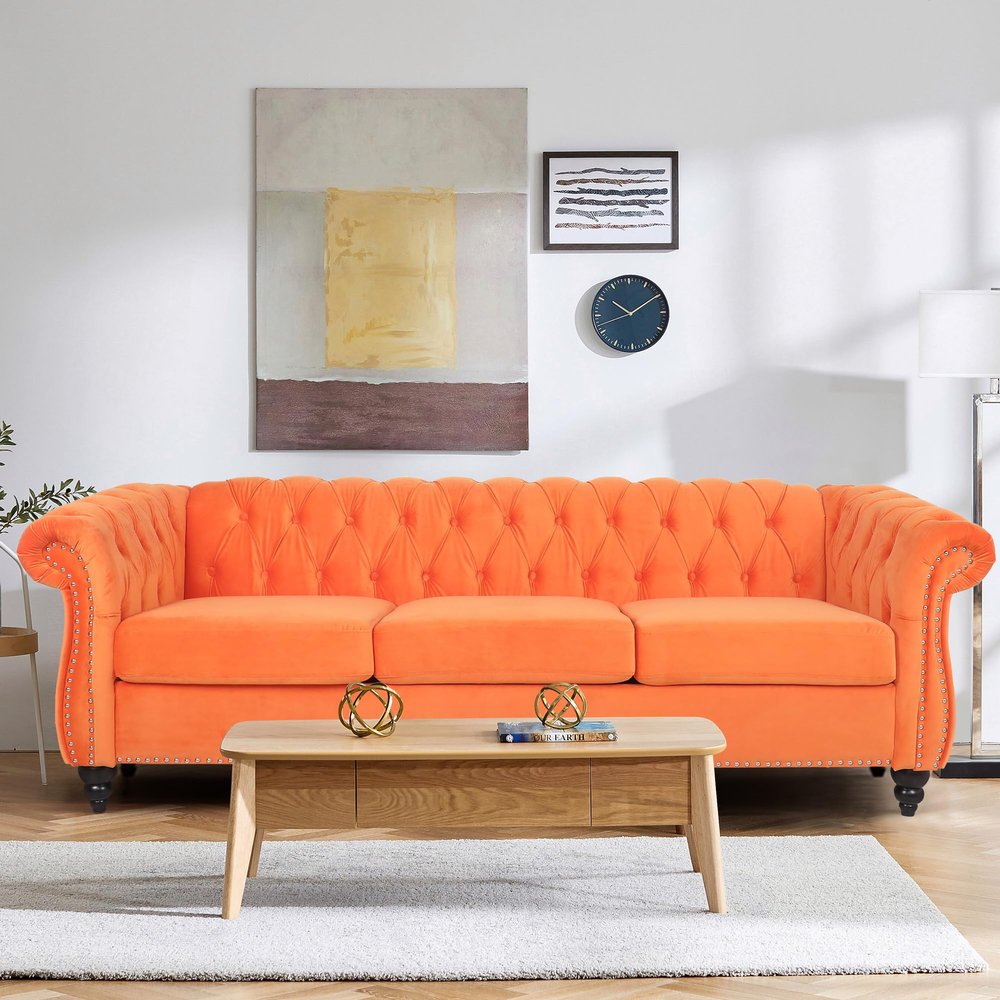 affeivul Tufted Velvet Sofa, Comfy Big Wide Deep Living Room Couch with Armrest, Mid Century Modern Sofa Couch for Bedroom, Office (Orange Velvet, 3 Seater, 32"D x 84"W x 33"H)