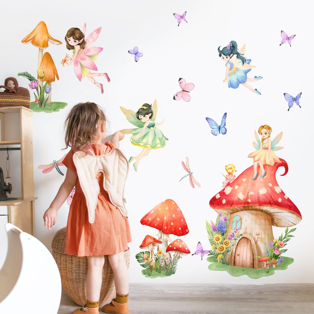 Supzone Mushroom Fairy Wall Decals for Girls Elf Flower Butterfly Dragonfly Wall Stickers Peel and Stick Vinyl Wall Art Decor for Kids Baby Nursery Bedroom Living Room