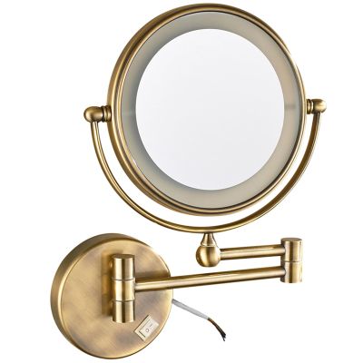 KEYQEEN Wall Mounted Lighted Makeup Mirror, Hardwired Double Sided Magnifying Vanity Mirror, 360 Swivel LED Bathroom Shaving Mirror,Brass,3X