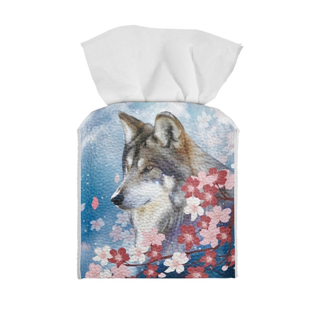 GLUDEAR Tissue Box Cover Square Cute Animal Print PU Leather Tissue Cube Box Holder Facial Paper Case,Wolf Moon