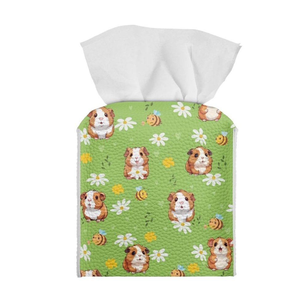 GLUDEAR Tissue Box Cover Cavy Print Modern Square Decorative PU Leather Facial Paper Case Organizer Holder,Cavy Daisy