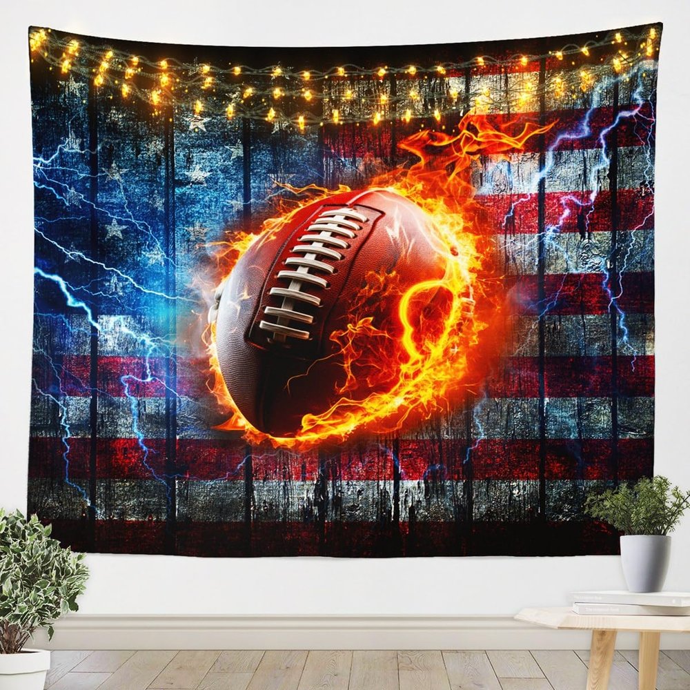 American Football Kids Tapestry,Flame Rugby Football Sport Games Wall Tapestries,Boys Men Room Decor,American Flag Wooden Plank Wall Hanging,Red Blue Retro Home Wall Decor,XLarge 70.9 x 92.5 Inches