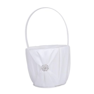 White Satin Flower Girl Basket with Rhinestone Decor for Weddings