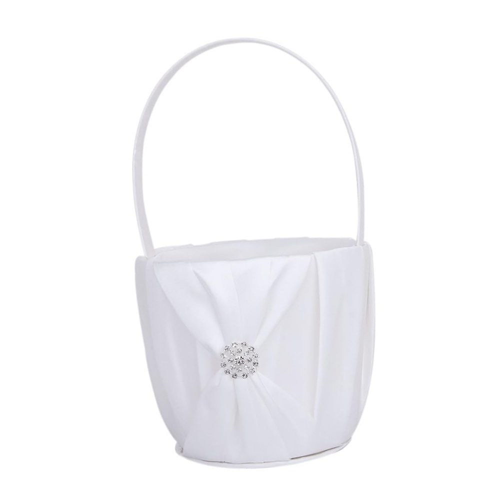 White Satin Flower Girl Basket with Rhinestone Decor for Weddings