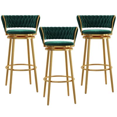 Bar Height Barstools Set of 3 Modern Kitchen Stools Velvet Upholstered Counter Stool Chairs with Gold Metal Legs for Kitchen Island/Breakfast Bar/Restaurant, Green