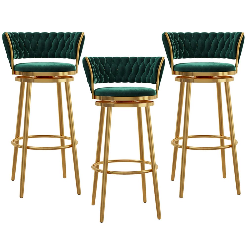 Bar Height Barstools Set of 3 Modern Kitchen Stools Velvet Upholstered Counter Stool Chairs with Gold Metal Legs for Kitchen Island/Breakfast Bar/Restaurant, Green