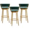 Bar Height Barstools Set of 3 Modern Kitchen Stools Velvet Upholstered Counter Stool Chairs with Gold Metal Legs for Kitchen Island/Breakfast Bar/Restaurant, Green view 1