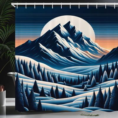 Ambesonne Mountains Shower Curtain, Twilight Scene Full Moon and Peaks of Nature Retro Poster Inspired Hills, Cloth Fabric Bathroom Decor Set with Hooks, 69" W x 84" L, Night Blue Salmon