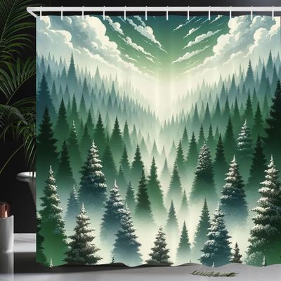 Ambesonne Forest Shower Curtain, Deep Pristine Woodland Pure Wild Outdoorsy Dreamy Abstract Landscape, Cloth Fabric Bathroom Decor Set with Hooks, 69" W x 84" L, Hunter Green and Evergreen