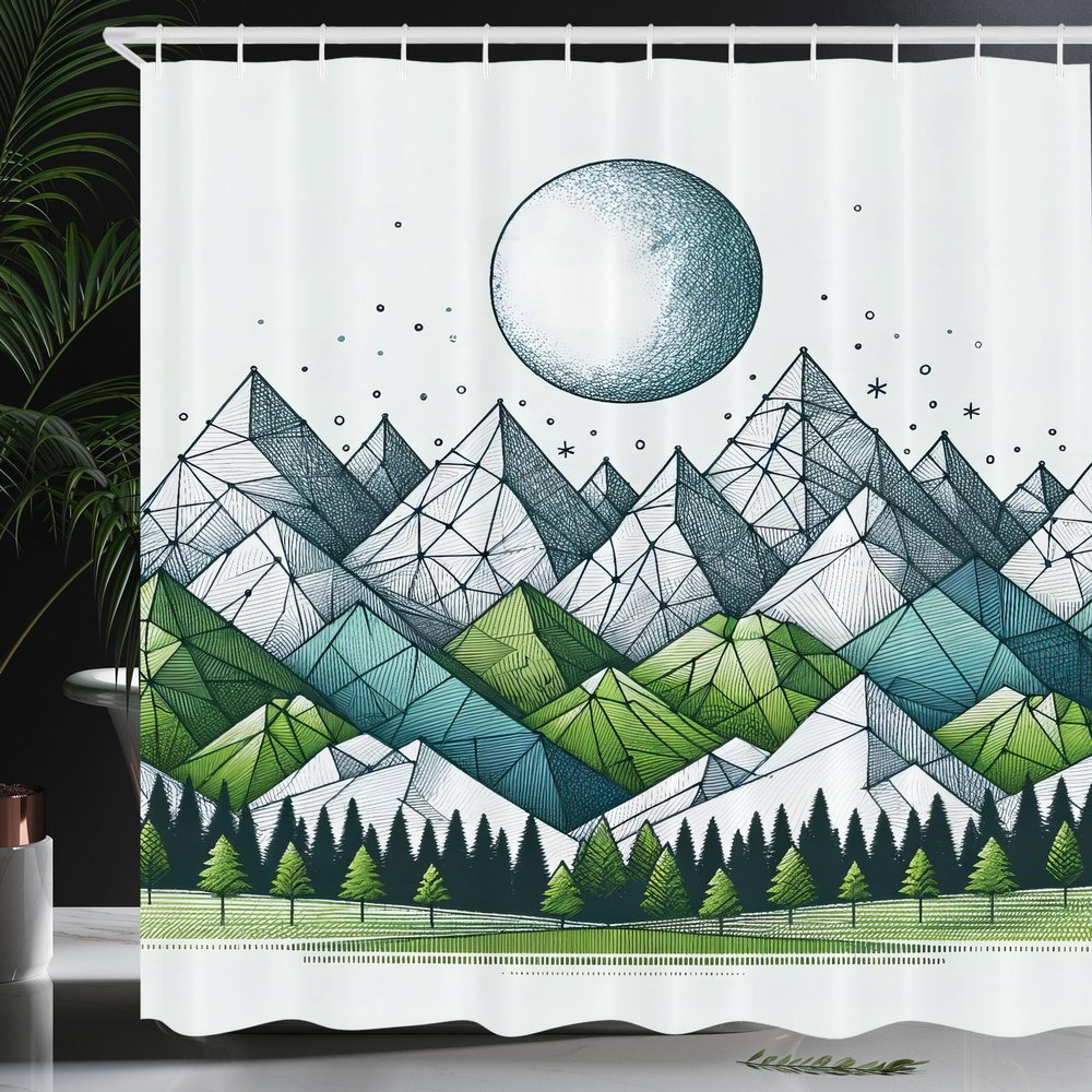 Ambesonne Geometric Mountains Shower Curtain, Polygonal Peaks of Nature Outdoorsy Mural Like Peaceful Scene, Cloth Fabric Bathroom Decor Set with Hooks, 69" W x 84" L, Blue Grey Green Teal