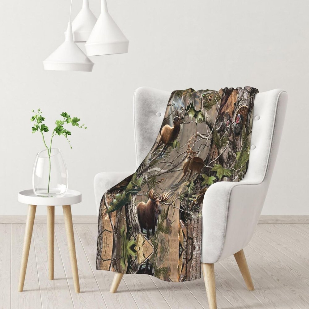 AMAZWI Hunting Deer Bear Elk Throw Blanket,Super Soft Warm Flannel Blanket for Bed Couch Living Room,Gifts Blanket,All Season, Normal, RGT131