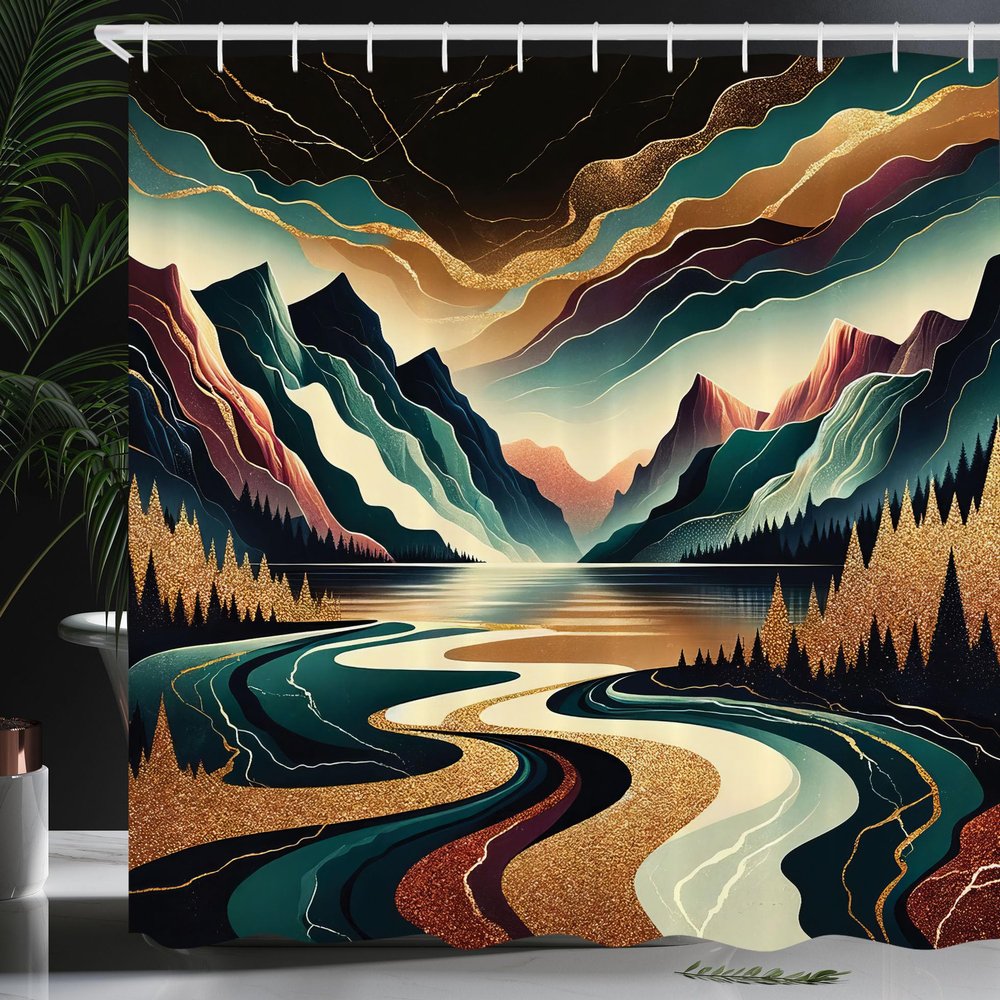 Ambesonne Boho Scenery Shower Curtain, Mid Century Modern Concept Surreal Dreamy Mountains River and Clouds, Cloth Fabric Bathroom Decor Set with Hooks, 69" W x 84" L, Ginger Teal and Rust