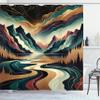 Ambesonne Boho Scenery Shower Curtain, Mid Century Modern Concept Surreal Dreamy Mountains River and Clouds, Cloth Fabric Bathroom Decor Set with Hooks, 69" W x 84" L, Ginger Teal and Rust view 3