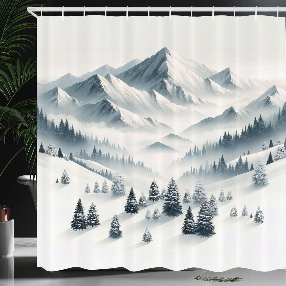 Ambesonne Mountain Shower Curtain, Breezy Terrain Winter Season Panorama Peaks and Spruce Trees Print, Cloth Fabric Bathroom Decor Set with Hooks, 69" W x 70" L, Pale Slate Blue and White