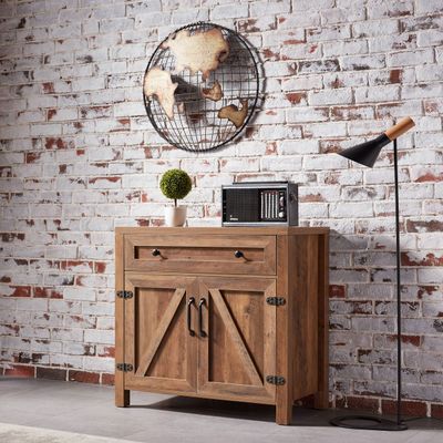Modern Farmhouse Double Barn Door Accent Cabinet, 30 Inch, Light Brown, Compatible with CD-070AB