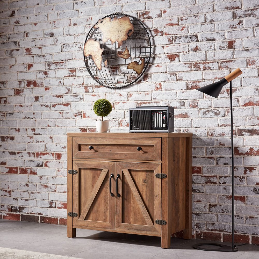 Modern Farmhouse Double Barn Door Accent Cabinet, 30 Inch, Light Brown, Compatible with CD-070AB