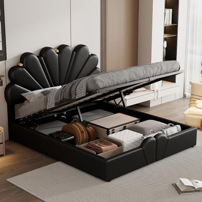 Queen Size Upholstered Petal Shaped Platform Bed with Hydraulic Storage System, PU Storage Bed, Decorated with Metal Balls, Black