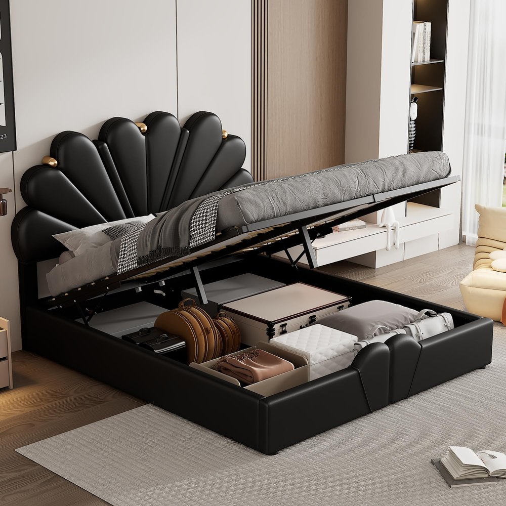 Queen Size Upholstered Petal Shaped Platform Bed with Hydraulic Storage System, PU Storage Bed, Decorated with Metal Balls, Black