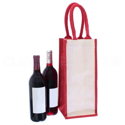 CleverDelights 4-Bottle Burlap Wine Tote - 14" x 6" x 6" - Jute Burlap with Sturdy Cotton Handles - Reusable Wine Shopping Bag