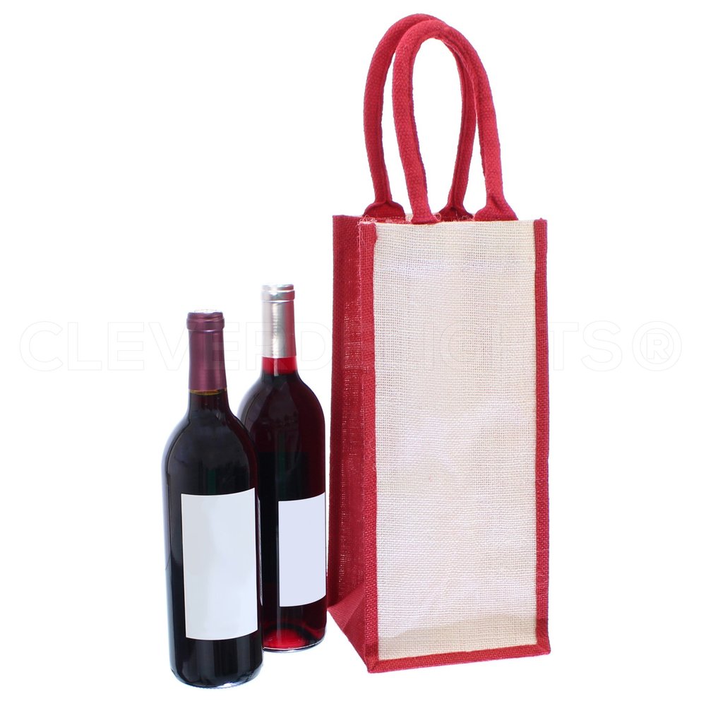 CleverDelights 4-Bottle Burlap Wine Tote - 14" x 6" x 6" - Jute Burlap with Sturdy Cotton Handles - Reusable Wine Shopping Bag