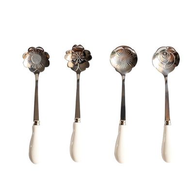 SEELLODGE Silverware Flatware Cutlery Set, 4Pcs Stainless Steel Coffee Stirring Spoon Dessert Spoon Ceramic Handle Rose Flower Spoon (Color : White Silver)