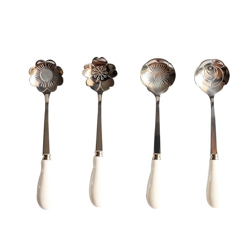 SEELLODGE Silverware Flatware Cutlery Set, 4Pcs Stainless Steel Coffee Stirring Spoon Dessert Spoon Ceramic Handle Rose Flower Spoon (Color : White Silver)