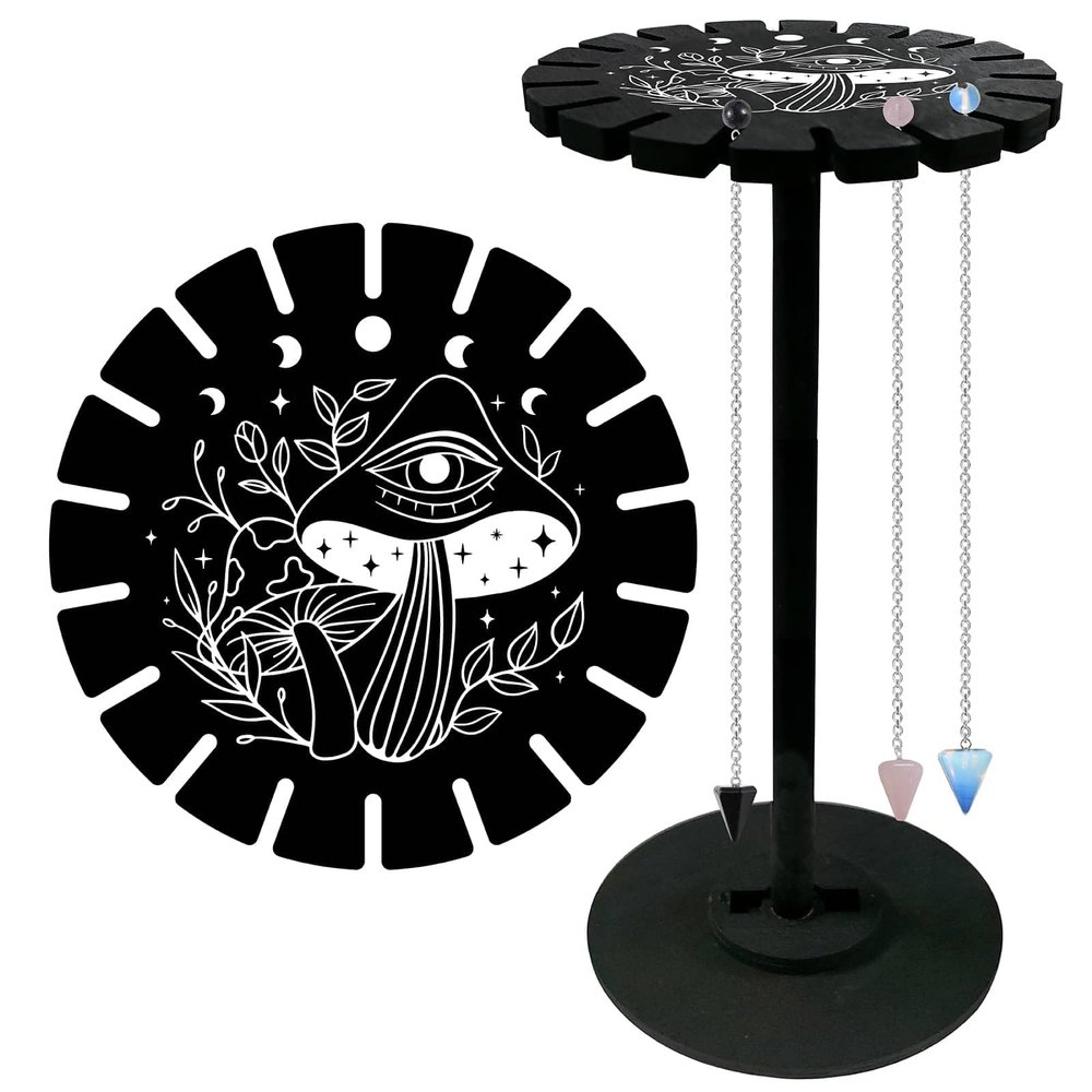 CRASPIRE Mushroom Pendulum Shelf with 3Pcs Crystal Pendant Moon Phase Display Holder Stand Black Wooden Dowsing Divination Metaphysical Boards Witchy Stuff for Home Hanging Stone Essential Oil Decor