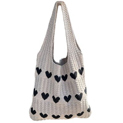 Knit Tote Bag Girl Crochet Tote Bag Cute Knitted Tote Bag Crochet Bag Heart Tote Bag Aesthetic Tote Bag with Love Heart Pattern Large Casual Crochet Shoulder Bag Women Knitting Beach Bags Khaki