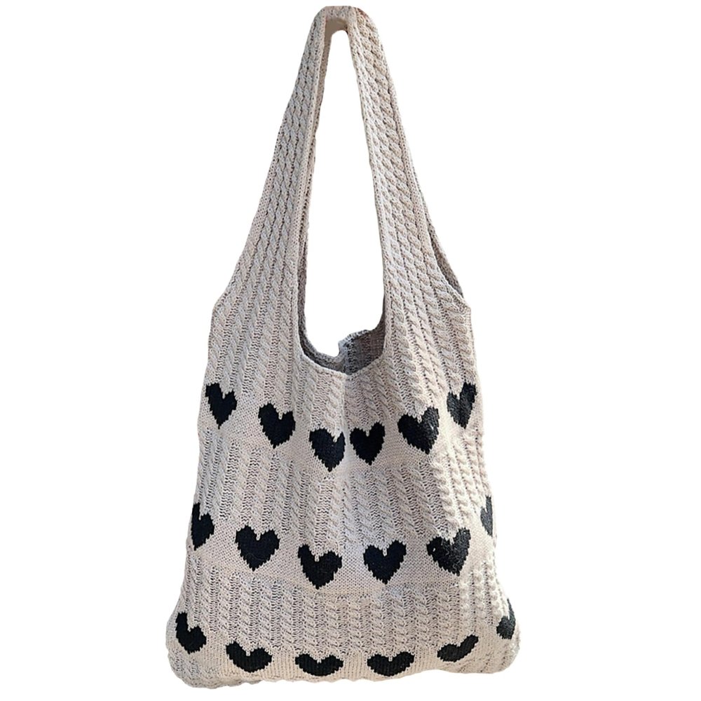 Knit Tote Bag Girl Crochet Tote Bag Cute Knitted Tote Bag Crochet Bag Heart Tote Bag Aesthetic Tote Bag with Love Heart Pattern Large Casual Crochet Shoulder Bag Women Knitting Beach Bags Khaki