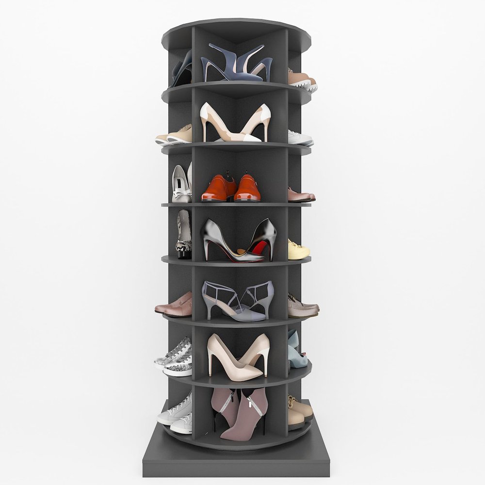 HomVent Rotating Shoe Rack, Wooden 7-Tier Spinning Shoe Rack Tower, Free Standing 360 Revolving Shoe Organizer Shoe Storage Shelf Can Hold Over 28 Pairs Shoes for Entryway Living Room (7-Tier, Gray1)