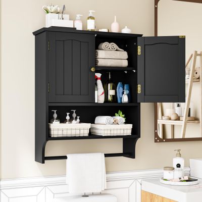 Mino Kesper Black Bathroom Cabinet with Towel Rack, Bathroom Wall Cabinet with 2 Doors and Adjustable Shelf, Medicine Cabinet Wall Mount, Over The Toilet Storage
