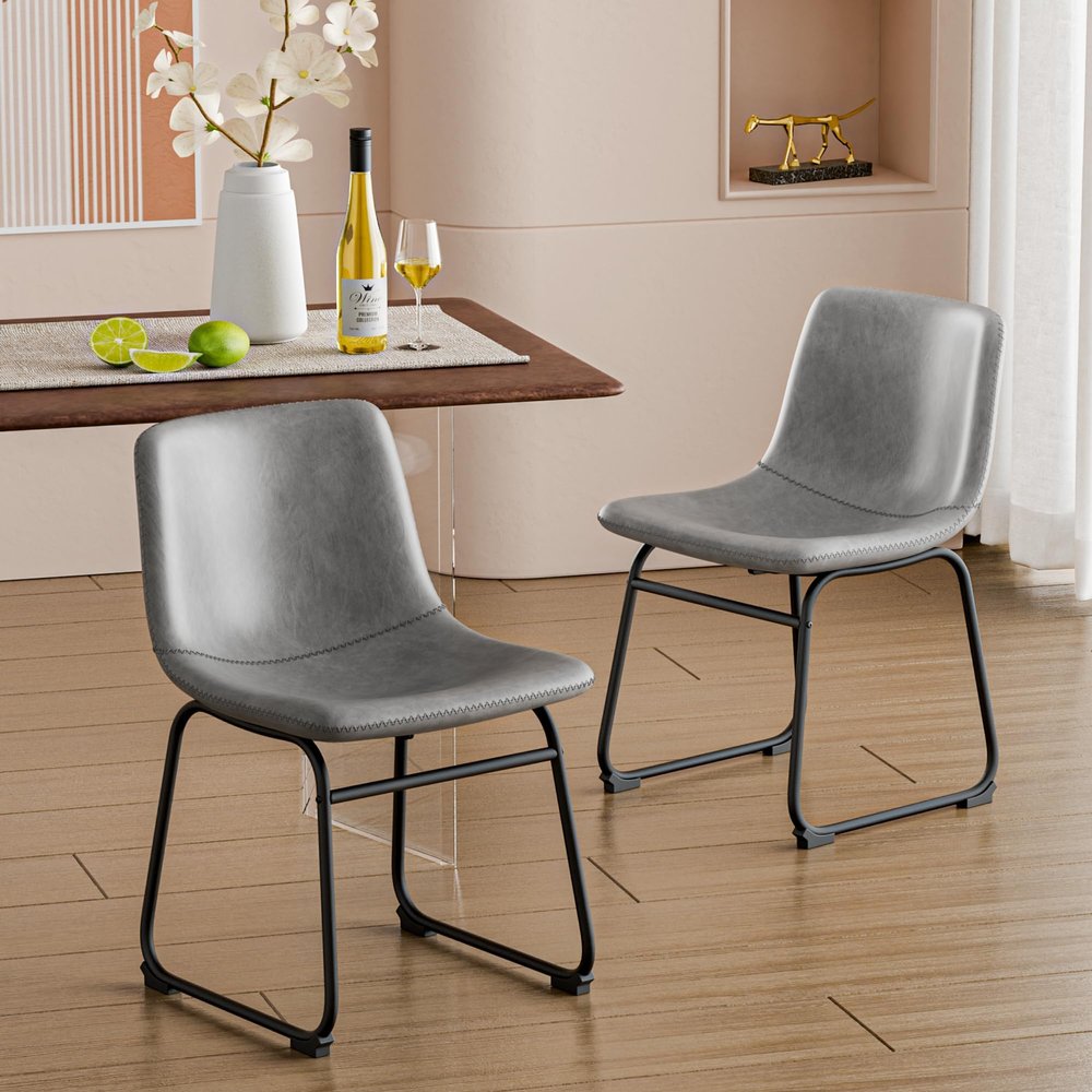 Aowos Dining Chairs Set of 2, 18 Inch Modern Armless Dining Chair with Back, Faux Leather Kitchen Dining Room Chair with Metal Legs for Home, Bistro Coffee Shops (Grey)