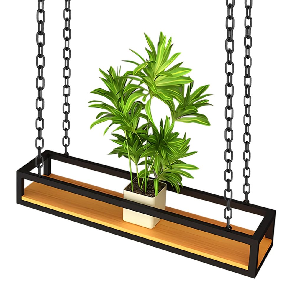 Ceiling-Mount Shelf, Hang Shelving with Iron Chain, Single Layer Floating Storage Rack Plant Stand Wine Bottle Holder Book Shelves, Black Display Stand for Restaurant, Kitchen, Bar ( Size : 100x25x15c