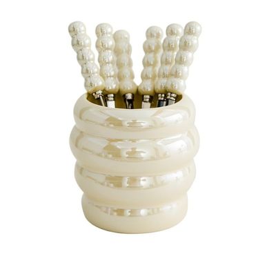 WHIERGGIN Silverware Set, Pearl Fruit Fork Set Creative Colorful Ceramic Storage Jar Household Stainless Steel Fork Fruit Fork Jar(Beige)