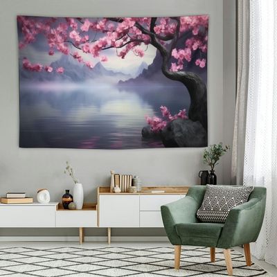 POUDHA Japanese Tapestry for Bedroom Aesthetic,Cherry Blossom Landscape Tapestry Wall Hanging, Ocean Nature Scenery Wave Wall Tapestry for Living Room Office Dorm Asia Art Decor 60x40 Inch
