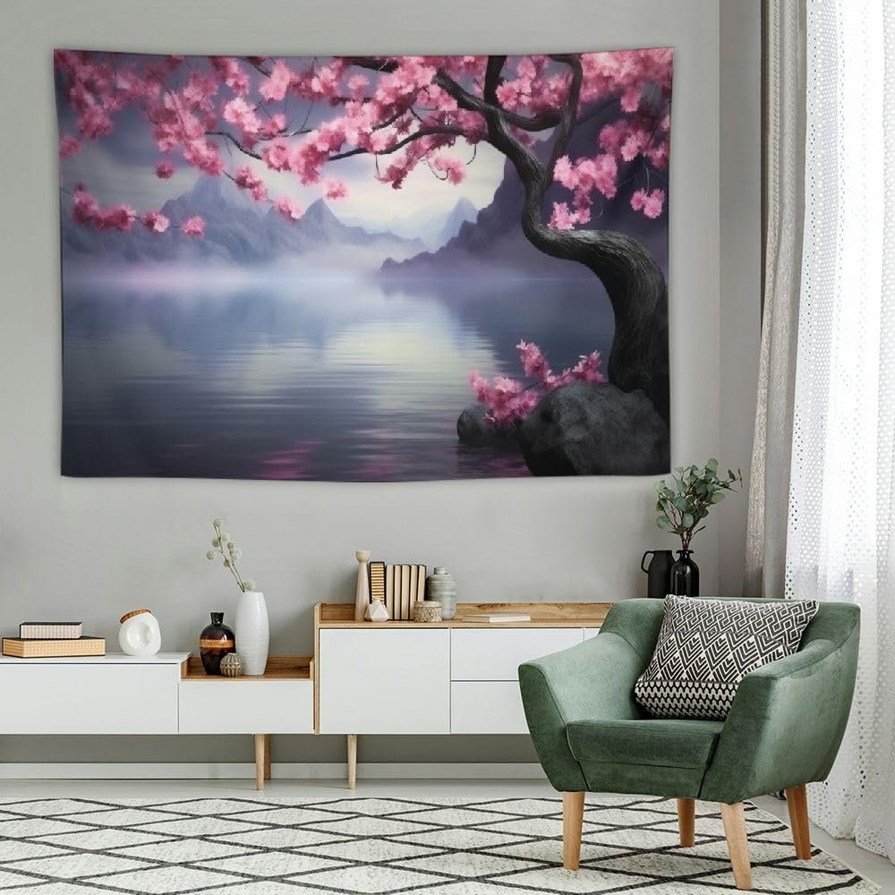 POUDHA Japanese Tapestry for Bedroom Aesthetic,Cherry Blossom Landscape Tapestry Wall Hanging, Ocean Nature Scenery Wave Wall Tapestry for Living Room Office Dorm Asia Art Decor 60x40 Inch