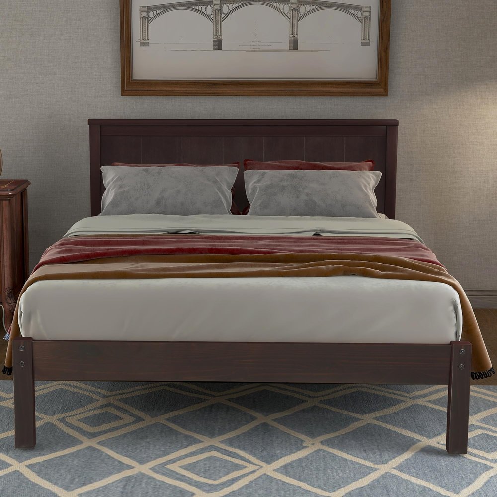 SOFTSEA Twin Size Bed Frame, Platform Bed Frame with Headboard for Bedroom Guest Room Small Room, Solid Wood Bed Frame with Slat Support for Kids Adults, No Box Spring Needed, Easy Assembly, Espresso